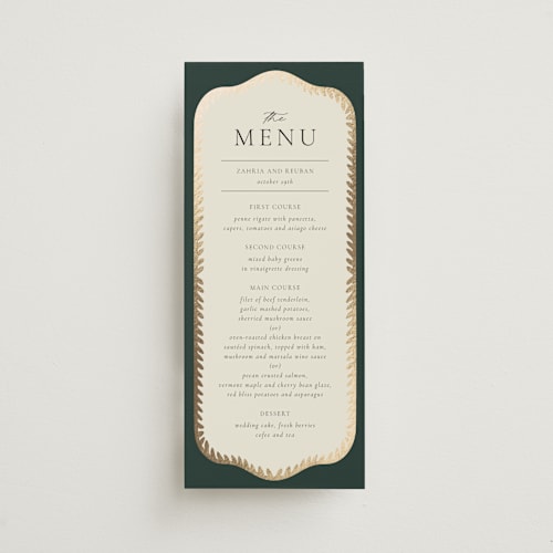 This is a emerald menu cards with foil pressed by Jen Owens called frame printing on signature in 4x9
