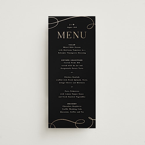 This is a onyx menu cards with foil pressed by Hooray Creative called black tie affair printing on signature in 4x9
