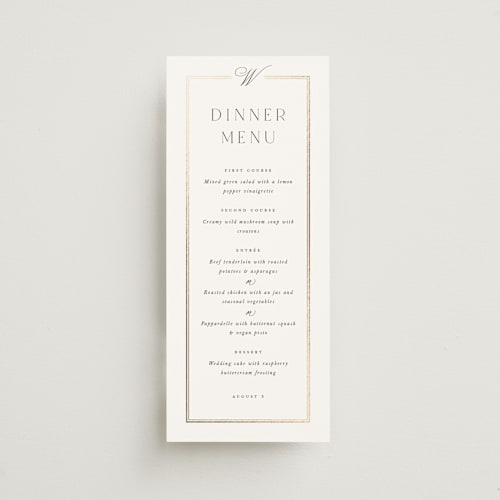 This is a pearl menu cards with foil pressed by Leah Bisch called elegant type printing on signature in 4x9