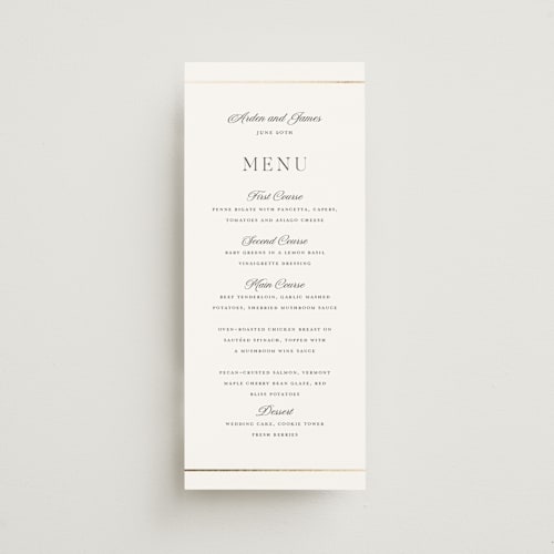 This is a pearl menu cards with foil pressed by Stacey Meacham called opulence printing on signature in 4x9