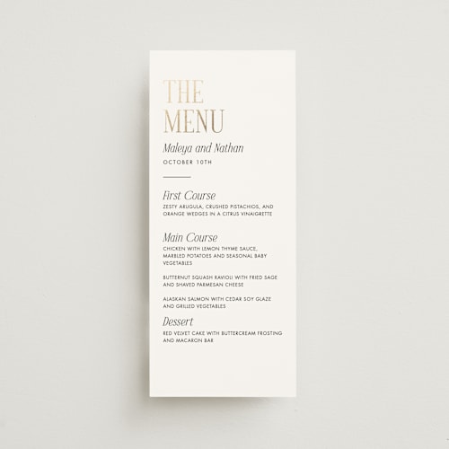 This is a lace menu cards with foil pressed by Kaydi Bishop called magazine printing on signature in 4x9