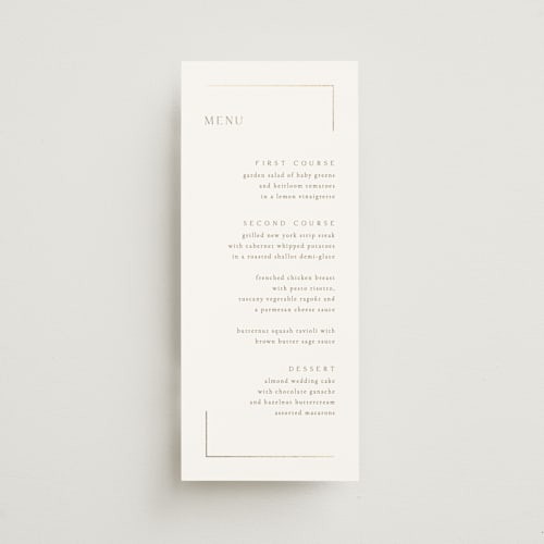 This is a quartz menu cards with foil pressed by Kristie Kern called the gallery printing on signature in 4x9