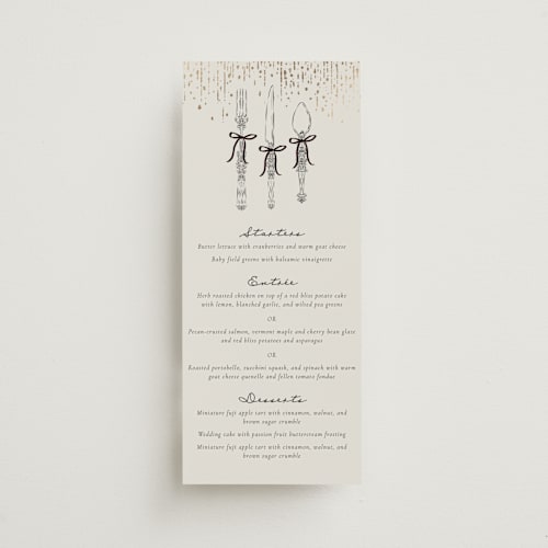This is a noir menu cards with foil pressed by Jackie Crawford called hand illustrated whimsical chandelier printing on signature in 4x9