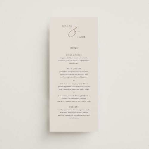 This is a ivory menu cards with foil pressed by Angela Thompson called eloquent printing on signature in 4x9