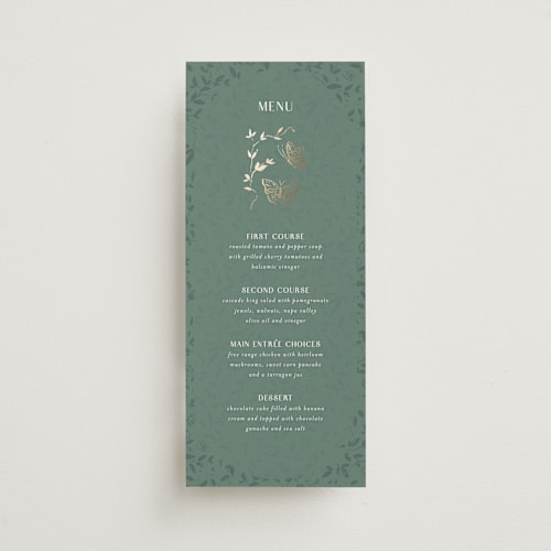 This is a eucalyptus menu cards with foil pressed by Simona Camp called southern romance printing on signature in 4x9