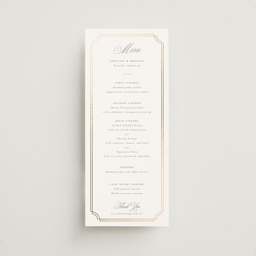 This is a mist menu cards with foil pressed by Sarah Brown called formally printing on signature in 4x9