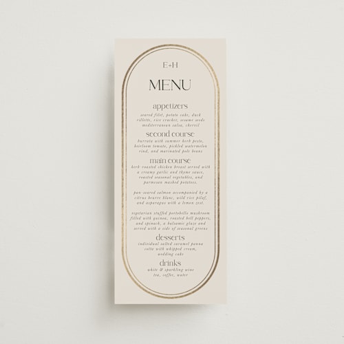 This is a sandstone menu cards with foil pressed by Lori Wemple called oval printing on signature in 4x9