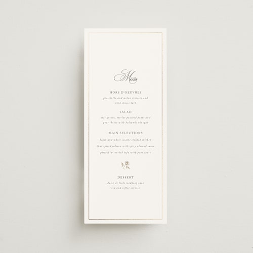 This is a classic bride menu cards with foil pressed by Design Lotus called here with you printing on signature in 4x9