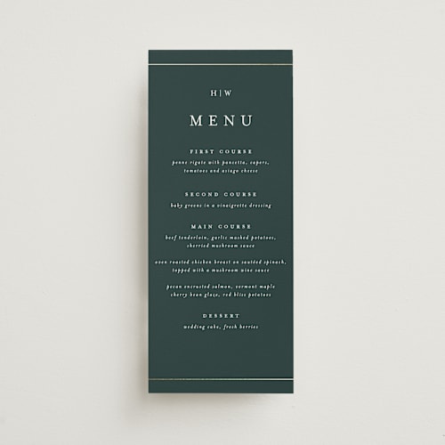 This is a forest menu cards with foil pressed by Stacey Meacham called style and grace printing on signature in 4x9