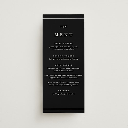 This is a evening menu cards with foil pressed by Stacey Meacham called style and grace printing on signature in 4x9