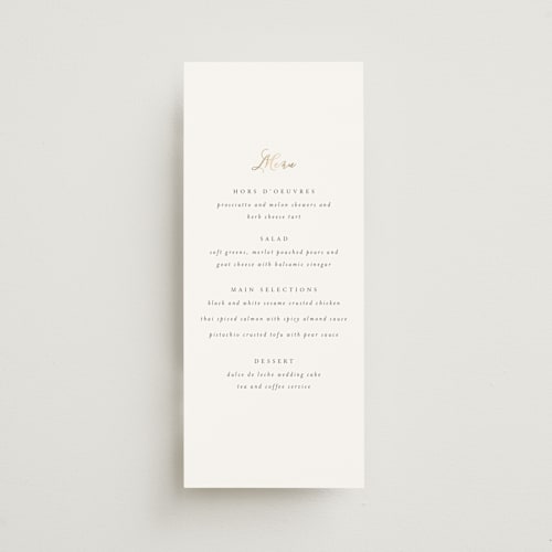 This is a classique menu cards with foil pressed by Design Lotus called you & me printing on signature in 4x9