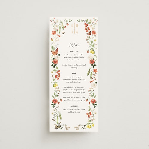 This is a verona sunset menu cards with foil pressed by Sarah Knight called fleur printing on signature in 4x9