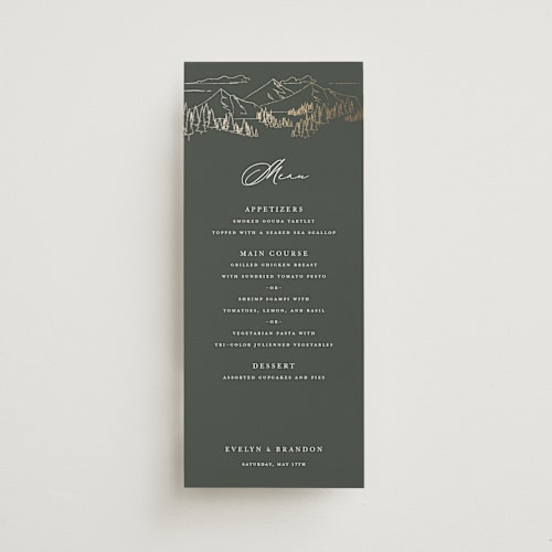 This is a hunter menu cards with foil pressed by Sarah Brown called peaks printing on signature in 4x9