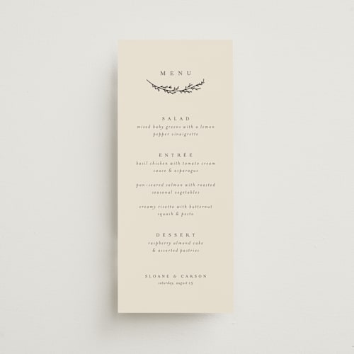 This is a almond menu cards with foil pressed by Brianne Larsen called branched printing on signature in 4x9