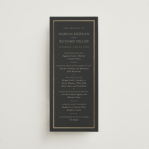 This is a charcoal menu cards with foil pressed by Lucrecia Caporale called timeless charm printing on signature in 4x9
