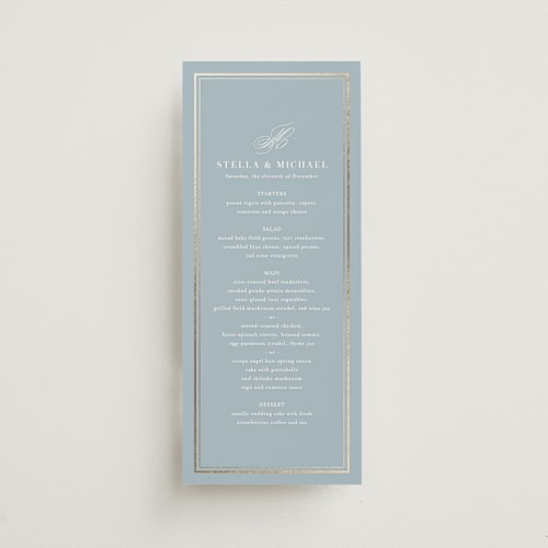 This is a powder blue menu cards with foil pressed by Jennifer Postorino called polished printing on signature in 4x9