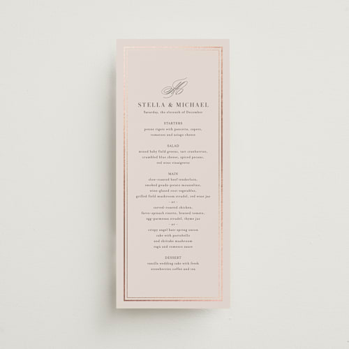 This is a barely blush menu cards with foil pressed by Jennifer Postorino called polished printing on signature in 4x9