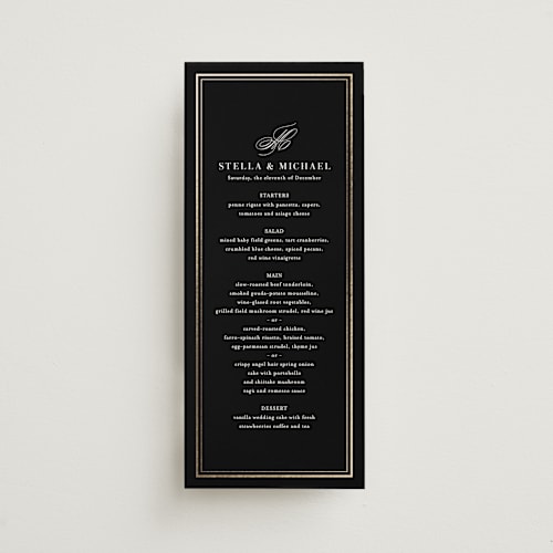This is a onyx menu cards with foil pressed by Jennifer Postorino called polished printing on signature in 4x9