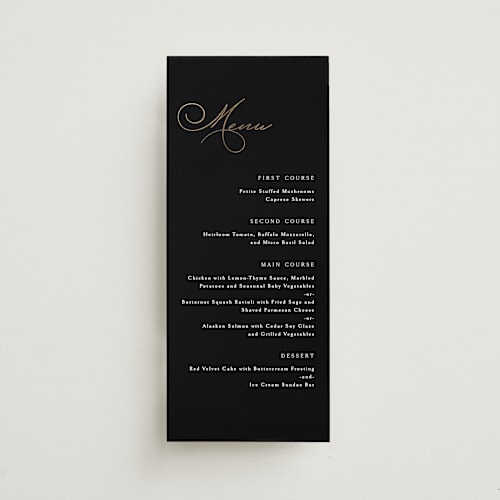 This is a obsidian menu cards with foil pressed by Kaydi Bishop called eternal printing on signature in 4x9