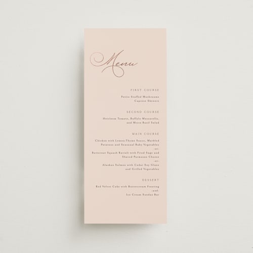 This is a blush menu cards with foil pressed by Kaydi Bishop called eternal printing on signature in 4x9