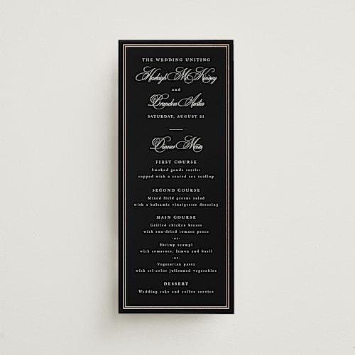 This is a coal menu cards with foil pressed by Sarah Brown called traditionalist printing on signature in 4x9