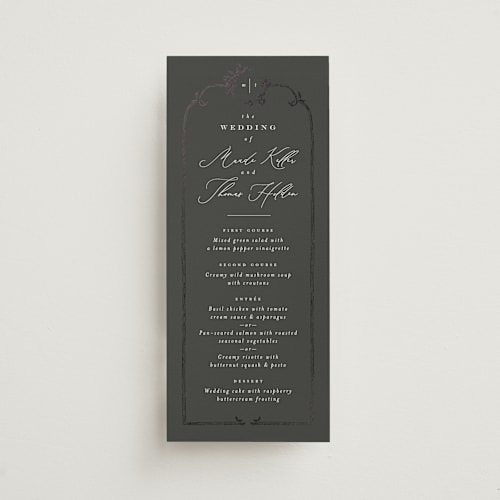 This is a tuxedo menu cards with foil pressed by Leah Bisch called reflection printing on signature in 4x9