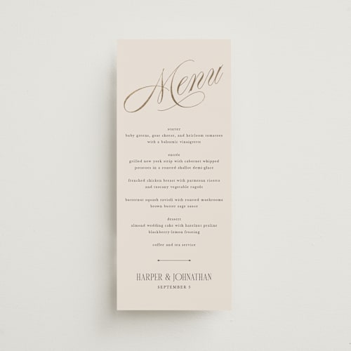 This is a linen menu cards with foil pressed by Kate Ahn called mirin printing on signature in 4x9
