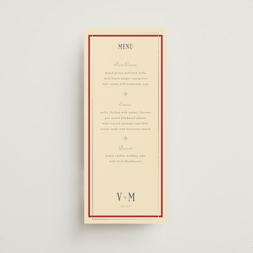 This is a navy menu cards with foil pressed by Baumbirdy called woven printing on signature in 4x9