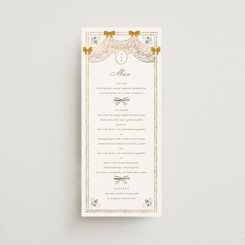 This is a amber menu cards with foil pressed by Claudia Orengo called tuileries printing on signature in 4x9