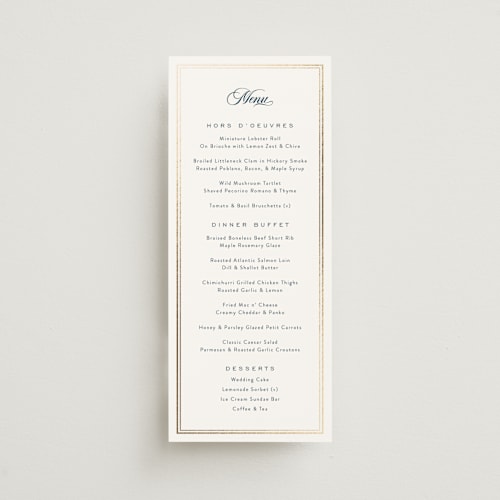 This is a royal navy menu cards with foil pressed by Olivia Raufman called anchored printing on signature in 4x9