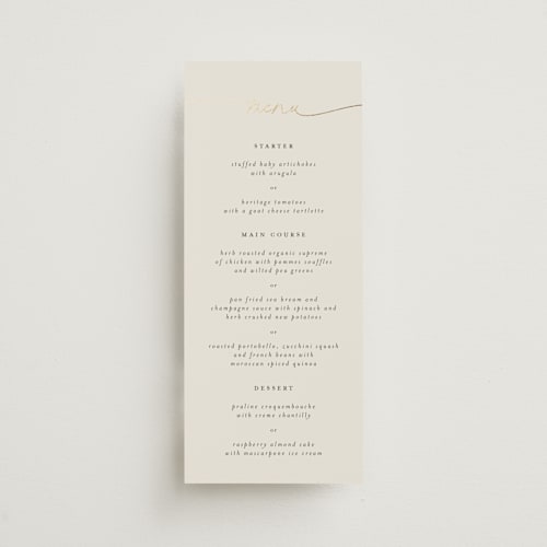 This is a linen menu cards with foil pressed by Pippa Shaw called silk printing on signature in 4x9