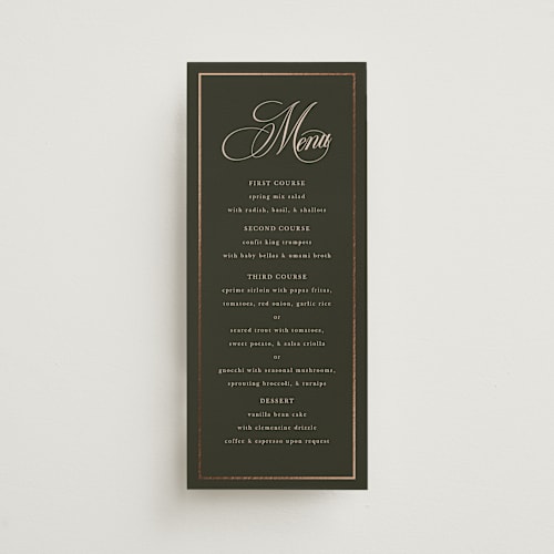 This is a midnight forest menu cards with foil pressed by Morgan Kendall called playbill printing on signature in 4x9