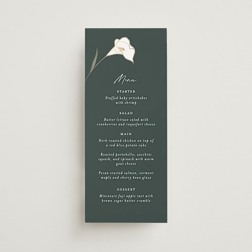 This is a forest menu cards with foil pressed by Stacey Meacham called elegant lillies printing on signature in standard