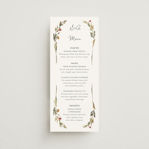 This is a garden green menu cards with foil pressed by Lucrecia Caporale called coastal bloom printing on signature in 4x9