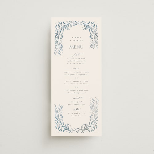 This is a delft blue menu cards with standard by Ashley DeMeyere called porcelain printing on signature in 4x9