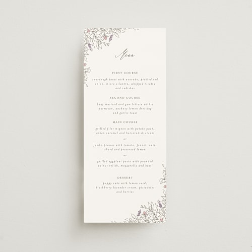 This is a ravello menu cards with standard by Anne Ciotola called cottonwood printing on signature in 4x9