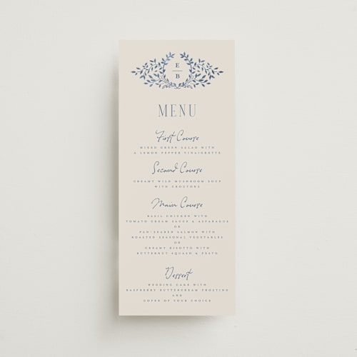 This is a navy menu cards with standard by Petra Kern called pavilion printing on signature in 4x9