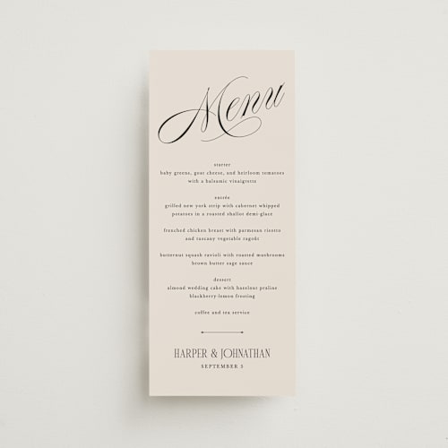 This is a linen menu cards with standard by Kate Ahn called mirin printing on signature in 4x9