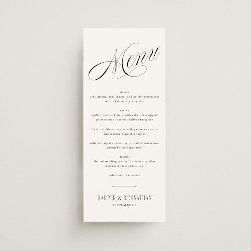 This is a diamond menu cards with standard by Kate Ahn called mirin printing on signature in 4x9