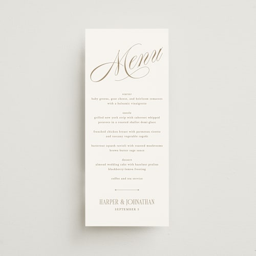 This is a sand menu cards with standard by Kate Ahn called mirin printing on signature in 4x9