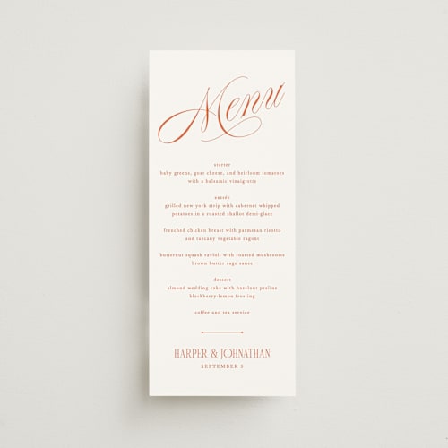 This is a sunset menu cards with standard by Kate Ahn called mirin printing on signature in 4x9
