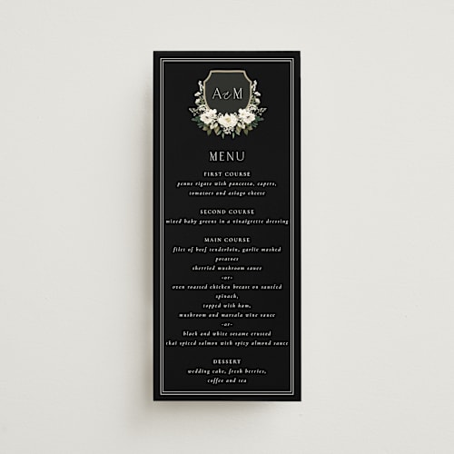 This is a black tie menu cards with standard by Susan Moyal called botanical love printing on signature in 4x9