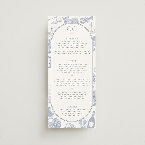 This is a periwinkle menu cards with standard by Jenna Holcomb called coastal toile printing on signature in 4x9