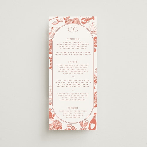 This is a sunset menu cards with standard by Jenna Holcomb called coastal toile printing on signature in 4x9