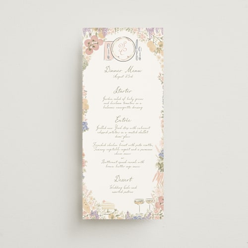 This is a petal menu cards with standard by Jenna Holcomb called charlotte printing on signature in 4x9