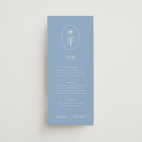 This is a cerulean menu cards with standard by Baumbirdy called flora arch printing on signature in 4x9