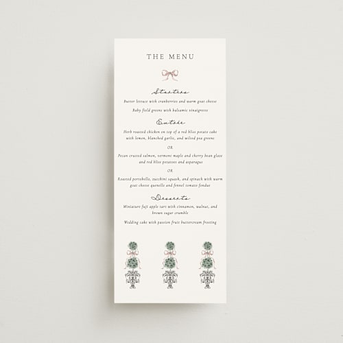 This is a forest menu cards with standard by Jackie Crawford called hand illustrated garden gate printing on signature in 4x9