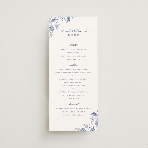 This is a willow menu cards with standard by Susan Zinader called daisy toile printing on signature in 4x9