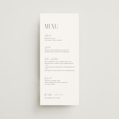 This is a silk menu cards with standard by Kelly Schmidt called arabilla overlap printing on signature in 4x9
