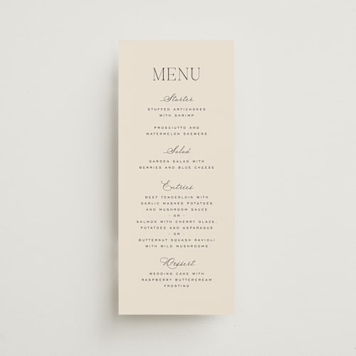 This is a creme menu cards with standard by Carly Reed Walker called tendu printing on signature in 4x9